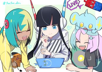 aqua_hair black_hair blonde_hair blue_eyes blunt_bangs canari_(pokemon) closed_eyes closed_mouth dark-skinned_female dark_skin dedenne elesa_(pokemon) gen_4_pokemon gen_6_pokemon hair_ornament hasu_175 headphones highres holding iono_(pokemon) long_hair long_sleeves multicolored_hair nintendo open_mouth pajamas pink_hair pokemon pokemon_(creature) pokemon_bw2 pokemon_legends:_z-a pokemon_sv rotom rotom_phone sharp_teeth shinx shirt short_hair smile teeth two-tone_hair yellow_eyes