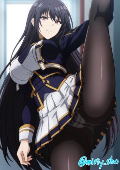 1girl black_hair black_pantyhose blue_jacket blue_necktie breasts cameltoe claire_kagenou closed_mouth commentary flexible hair_between_eyes highres indoors jacket kage_no_jitsuryokusha_ni_naritakute! large_breasts long_hair long_sleeves looking_at_viewer makiri_akira midgar_academy_school_uniform necktie panties panties_under_pantyhose pantyhose pleated_skirt red_eyes school_uniform shirt skirt smile split standing standing_on_one_leg standing_split twitter_username underwear very_long_hair white_shirt white_skirt