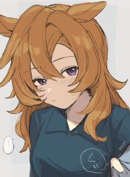 ... 1girl alternate_hair_length alternate_hairstyle amano_(amano_miko) animal_ears blue_shirt breasts closed_mouth clothes_pull collared_shirt commentary_request dot_nose hair_between_eyes highres horse_ears horse_girl long_hair long_sleeves looking_at_viewer orange_hair pulling_another's_clothes purple_eyes shadow shirt simple_background small_breasts speech_bubble spoken_ellipsis t.m._opera_o_(umamusume) umamusume upper_body white_background