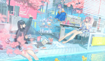 3girls barefoot black_hair black_jacket blue_eyes book box cake cake_slice can cart chair cherry_blossoms commentary_request computer controller cup day drink_can food game_controller gaming_chair glass_jar grey_jacket grey_shirt grey_skirt headphones highres holding holding_controller holding_game_controller jacket laptop long_hair long_sleeves looking_at_another medium_hair monitor multiple_girls off_shoulder on_chair original outdoors pile_of_books pink_hair plate pool pushing reflection reflective_water rubber_duck serving_cart shirt sideways_mouth sitting skirt sleeveless sleeveless_shirt slice_of_life smile soaking_feet sora-bakabon standing suitcase swivel_chair teacup teapot thigh_strap three-quarter_sleeves twintails unworn_headphones water