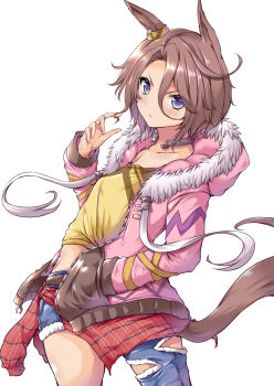 Rule 34 | 1girl, absurdres, animal ears, asymmetrical clothes, belt, blue eyes, blue jeans, breasts, brown belt, brown hair, brown tail, clothes around waist, collarbone, denim, dot nose, ear ornament, female focus, flat chest, fur-trimmed jacket, fur trim, hand in pocket, highres, hood, hooded jacket, horse ears, horse girl, horse tail, horseshoe necklace, jacket, jeans, long sleeves, looking at viewer, narita taishin (nevertheless) (umamusume), narita taishin (umamusume), no bra, nonnon (yudenonno), open mouth, pants, pink jacket, red shirt, sexually suggestive, shirt, shirt around waist, short hair, simple background, single pantsleg, small breasts, solo, solo focus, tail, tied shirt, torn clothes, torn jeans, torn pants, umamusume, white background, yellow shirt