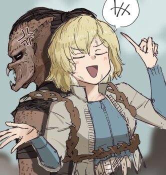 1boy 1girl alien alien_(series) angry armor blonde_hair blush dek_(predator) dreadlocks highres jaw mahari_lab monster open_mouth predator:_badlands predator_(series) shoulder_armor thia_(predator)