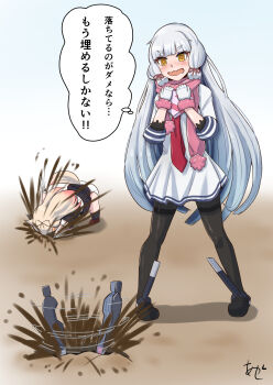 2girls @_@ akashieru artist_logo black_pantyhose blunt_bangs commentary_request dress gloves hair_ribbon headgear highres kantai_collection logo long_hair mud multiple_girls murakumo_(kancolle) necktie pantyhose red_necktie ribbon standing translation_request tress_ribbon wavy_mouth white_dress white_gloves white_hair yellow_eyes yuudachi_(kancolle) yuudachi_kai_ni_(kancolle)