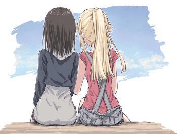 Rule 34 | 2girls, bang dream!, bang dream! girls band party!, black hair, black jacket, blonde hair, blue sky, cloud, commentary, day, facing away, from behind, grey hoodie, grey overalls, highres, hood, hoodie, jacket, long hair, long hoodie, long sidelocks, long sleeves, medium hair, multiple girls, okusawa misaki, overalls, ponytail, red shirt, shirt, short sleeves, sidelocks, sitting, sky, tsurumaki kokoro, yukitake (bullfalk)