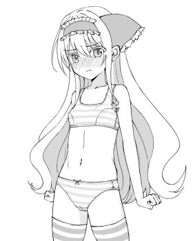 1girl alice_(makai_gacha) blush bra breasts clenched_hands closed_mouth collarbone commentary_request cowboy_shot embarrassed flat_chest full-face_blush greyscale hair_between_eyes hako_roku highres loli long_hair makai_gacha_wa_kyou_mo_shibui monochrome navel panties ribbon sidelocks solo sports_bra standing striped_bra striped_clothes striped_panties striped_thighhighs thighhighs underwear v-shaped_eyebrows variant_set very_long_hair