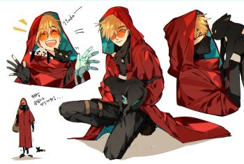 Rule 34 | 1boy, black pants, blonde hair, boots, cat, coat, commentary request, earrings, highres, hkn mata ta, hood, hooded coat, jewelry, korean commentary, mole, mole under eye, orange-tinted eyewear, pants, prosthesis, prosthetic arm, red coat, round eyewear, single earring, tinted eyewear, trigun, trigun stampede, vash the stampede