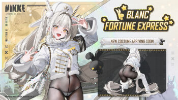 1girl ass bag black_pantyhose blanc_(fortune_express)_(nikke) blanc_(nikke) blush boots breasts coat commentary covered_navel english_commentary goddess_of_victory:_nikke handbag hat high-waist_pantyhose highres long_hair looking_at_viewer official_alternate_costume official_art open_mouth panties pantyhose pom_pom_(clothes) see-through_clothes see-through_pantyhose smile thigh_boots twintails underwear v very_long_hair white_boots white_coat white_hair white_panties winter_clothes winter_coat yellow_eyes