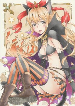 1girl animal_ears armpit_crease belt belt_buckle black_belt black_boots black_bra black_cape blonde_hair boots border bow bra breasts brown_eyes buckle cape cat_ears cat_girl cat_tail commentary_request crown fang from_side front-tie_bra full_body hair_between_eyes hair_bow halloween halloween_costume highres large_breasts long_bangs long_hair looking_at_viewer looking_to_the_side marker_(medium) meeya mini_crown navel no_shirt open_mouth original ornate_border outside_border red_bow short_shorts shorts solo stomach striped_clothes striped_shorts striped_thighhighs tail thighhighs traditional_media underwear