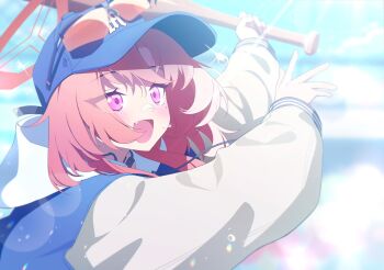1girl artist_request baseball_bat baseball_cap blue_archive blue_hat blue_jacket blush brown_hair eyewear_on_head fang game_cg halo hat highres holding holding_baseball_bat jacket letterman_jacket non-web_source official_art open_mouth orange_halo purple_eyes rei_(blue_archive) skin_fang solo white_sleeves