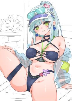 1girl absurdres bikini black_bikini blue_hair blush breasts commentary_request cross cross-laced_bikini cross-laced_clothes ealun_zatta earrings eyewear_on_head facepaint girls'_frontline girls'_frontline_2:_exilium green_eyes hand_on_own_thigh highleg highleg_bikini highres hk416_(girls'_frontline) iron_cross jewelry klukai_(cerulean_breaker)_(girls'_frontline_2) klukai_(girls'_frontline_2) knee_up long_hair medium_breasts navel ponytail sitting smile solo sunglasses swimsuit teardrop thigh_strap thighs very_long_hair visor_cap