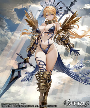 1girl bare_shoulders blonde_hair blue_gloves blue_thighhighs blush breasts character_request closed_mouth commentary_request copyright_name elbow_gloves evertale gloves highres holding holding_polearm holding_weapon large_breasts long_hair looking_at_viewer navel official_art polearm purple_eyes sage_joh smile solo stomach sunlight thighhighs thighs weapon