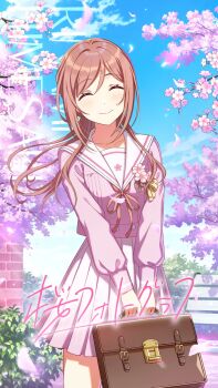 1girl bench brick_wall briefcase brown_hair bush buttons cherry_blossoms closed_eyes cloud english_text gakuen_idolmaster game_cg himesaki_rinami holding idolmaster japanese_text official_art petals pink_skirt sailor_collar sakura_photograph_(idolmaster) school_uniform skirt smile solo