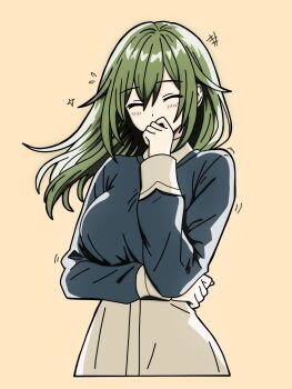 +++ 1girl arm_under_breasts blue_shirt blush breasts closed_eyes commentary_request covering_own_mouth flying_sweatdrops green_hair hair_between_eyes hibarakirari high-waist_skirt highres large_breasts long_hair motion_lines shirt shirt_tucked_in skirt solo venus_(zenless_zone_zero) white_skirt yellow_background zenless_zone_zero