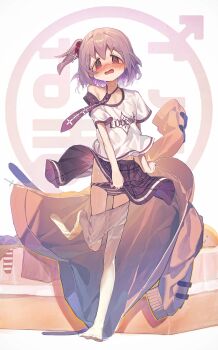 1boy @_@ absurdres ap04astral bare_arms bed black_skirt blush brown_coat clothes_pull clothes_writing coat collarbone commentary copyright_name cross_hair_ornament crossdressing crossdressing_(mtf) full_body grey_hair hair_bobbles hair_intakes hair_ornament hashtag-only_commentary highres looking_at_viewer male_focus necktie no_shoes nose_blush one_side_up onii-chan_wa_oshimai! open_mouth panties panty_pull pantyhose pantyhose_pull peanut_mouth pleated_skirt senkawa_minato shirt short_sleeves simple_background single_bare_shoulder single_off_shoulder skirt solo t-shirt tearing_up trap underwear white_background white_pantyhose white_shirt