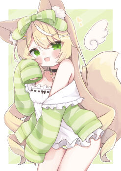 1girl :d absurdres animal_ear_fluff animal_ears bone_hair_ornament border bow brown_hair cartoon_bone commission detached_wings diagonal-striped_background dress fang green_background green_bow green_eyes green_jacket hair_bow hair_ornament highres jacket long_hair long_sleeves looking_at_viewer minato_yu_(0514) off_shoulder open_clothes open_jacket open_mouth original panties puffy_long_sleeves puffy_sleeves ribbon-trimmed_dress ribbon_trim skeb_commission sleeves_past_fingers sleeves_past_wrists smile solo striped_background striped_bow striped_clothes striped_jacket striped_panties tail underwear very_long_hair white_border white_dress white_wings wings