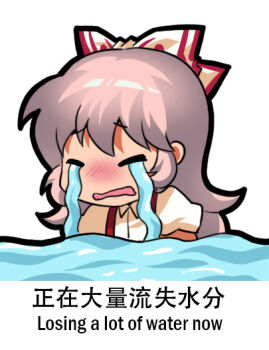 1girl blush bow chibi chinese_text closed_eyes collared_shirt commentary crying dress_shirt english_commentary english_text fujiwara_no_mokou hair_bow jokanhiyou long_hair mixed-language_commentary mixed-language_text no_nose nose_blush open_mouth partially_submerged pink_hair puffy_short_sleeves puffy_sleeves red_bow shirt short_sleeves solo streaming_tears suspenders tears touhou upper_body water white_bow white_shirt