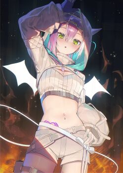 1girl absurdres arm_up breasts chest_belt cowboy_shot demon_girl demon_hood demon_tail demon_wings double-parted_bangs gloves goggles goggles_on_head green_eyes hair_between_eyes hand_on_own_hip hashtag-only_commentary highres hip_tattoo hololive hood hood_up hooded_shrug long_sleeves looking_at_viewer medium_breasts multicolored_hair navel navel_piercing official_alternate_costume official_alternate_hairstyle open_mouth panda_0035 piercing pouch puffy_long_sleeves puffy_sleeves purple_gloves purple_hair see-through_clothes see-through_sleeves short_shorts shorts shrug_(clothing) ski_goggles solo stomach strapless streaked_hair tail tattoo thigh_pouch thigh_strap tokoyami_towa tokoyami_towa_(cyberpunk) tube_top turtleneck virtual_youtuber white_hair white_shorts white_shrug white_tube_top white_wings winged_heart winged_heart_tattoo wings