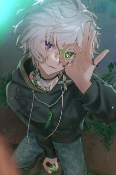 1boy :3 adversarial_noise alternate_costume bead_necklace beads black_hoodie bottle commentary_request cosmetics denim from_above full_body green_eyes green_nails heterochromia highres holding holding_bottle hood hoodie jeans jewelry looking_at_viewer looking_up male_focus matochi_(fa) multiple_rings murakumo_kagetsu nail_polish nail_polish_bottle necklace nijisanji ok_sign ok_sign_over_eye pants plant purple_eyes ring short_hair sitting smile solo virtual_youtuber white_hair