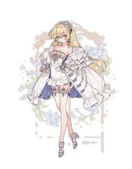 Rule 34 | 1girl, bare shoulders, blonde hair, blue gem, breasts, cape, cleavage, cleavage cutout, closed mouth, clothing cutout, collarbone, commission, crossed legs, dress, earrings, expressionless, flower, flower earrings, flower ornament, full body, gem, grey eyes, hair between eyes, hair flower, hair intakes, hair ornament, high heels, jewelry, layered capelet, layered clothes, lemon89h, long hair, looking at viewer, off shoulder, original, short dress, signature, sleeveless, sleeveless dress, small breasts, solo, thigh strap, thighs, watson cross, wavy hair, white cape, white dress