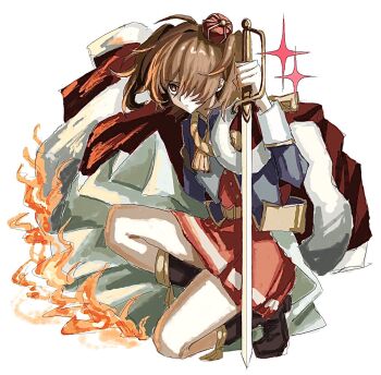 Rule 34 | 1girl, aiguillette, aijou karen, arm at side, arm up, belt, belt buckle, black boots, blue jacket, boots, brown eyes, brown hair, buckle, burning, burning clothes, closed mouth, commentary, crown, epaulettes, fire, floating clothes, full body, fur-trimmed jacket, fur trim, hair over one eye, heel up, highres, holding, holding sword, holding weapon, invisible floor, jacket, jacket on shoulders, long sleeves, looking ahead, medium hair, mini crown, miniskirt, multicolored jacket, nou 325, one eye covered, planted, planted sword, planted weapon, possibility of puberty (sword), red jacket, red skirt, sash, serious, shoujo kageki revue starlight, shoulder sash, simple background, single horizontal stripe, skirt, solo, sparkle, star (symbol), striped clothes, striped skirt, sword, tassel, tilted headwear, two-sided fabric, two-sided jacket, two side up, untranslatable commentary, v-shaped eyebrows, waist cape, weapon, white background, white sash, yellow belt, yellow trim