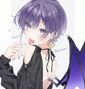 1girl artist_name backless_outfit barbell_piercing clothing_cutout commentary_request demon_girl demon_wings ear_piercing earrings fangs forked_tongue highres industrial_piercing jewelry kyonu long_sleeves looking_at_viewer looking_back mole mole_under_mouth nail_polish open_mouth original piercing purple_hair short_hair shoulder_cutout solo tongue tongue_out tongue_piercing wings