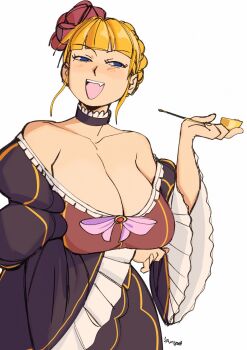 1girl 3amsoda artist_name bare_shoulders beatrice_(umineko) black_choker blonde_hair blue_eyes blunt_bangs blush bow braid breasts choker cleavage commentary crown_braid dress english_commentary fang flower frilled_dress frilled_sleeves frills hair_flower hair_ornament hanging_breasts highres holding holding_smoking_pipe huge_breasts long_sleeves open_mouth pink_bow short_hair sidelocks simple_background smile smoking_pipe solo teeth umineko_no_naku_koro_ni upper_body upper_teeth_only white_background wide_sleeves