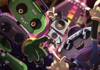 Rule 34 | 3boys, :d, absurdres, backwards hat, bandana, baseball cap, belt, black footwear, black hat, blue jacket, cap'n (deltarune), cassette player, cd player, commentary, deltarune, double m/, english commentary, fewer digits, gloves, green gloves, green pants, grin, hand on own hip, hat, highres, humanoid robot, jacket, k k (deltarune), light particles, looking at viewer, m/, male focus, mechanical arms, multiple boys, object head, open mouth, pants, purple bandana, purple hat, robot, short sleeves, smile, speaker, sunglasses, sweet (deltarune), teeth, upper teeth only, utdr (toby fox), watawata22, yellow eyes, yellow gloves