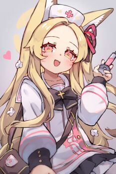 1girl :d animal_ears bag black_bow blonde_hair blue_archive bow cosplay dress fang flower forehead fox_ears frilled_dress frills grey_background hair_flower hair_ornament hair_ribbon halo hat heart highres holding holding_syringe long_hair long_sleeves looking_at_viewer miya_(miyaruta) nurse nurse_cap one_side_up open_mouth parted_bangs puffy_long_sleeves puffy_sleeves red_eyes red_ribbon ribbon sailor_collar sailor_dress seia_(blue_archive) serina_(blue_archive) serina_(blue_archive)_(cosplay) shoulder_bag simple_background smile solo syringe very_long_hair white_dress white_flower white_hat white_sailor_collar yellow_halo