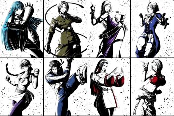 ass bent_over black_hair blade43883059 blue_hair blue_mary bodysuit braid braided_ponytail breasts cleavage dougi elisabeth_blanctorche frozen gloves ice b._jenet kagura_chizuru karate_gi kula_diamond large_breasts latex leather leggings long_hair medium_breasts medium_hair pants short_hair skirt spandex standing the_king_of_fighters thick_thighs thighs whip_(kof) wide_hips yabuki_shingo yuri_sakazaki