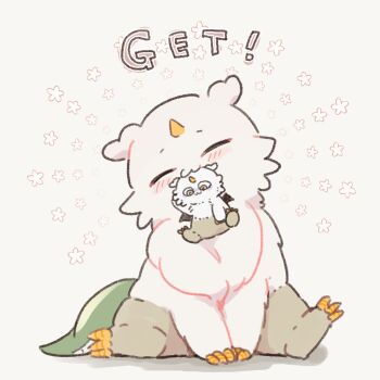 anoko_(chiikawa) character_doll chiikawa closed_eyes commentary_request creature doll english_text head_tilt holding holding_doll horns mouth_hold nagasode_(nagasode0123) no_humans single_horn sitting