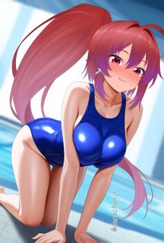 1girl ahoge all_fours blue_one-piece_swimsuit blurry_edges blush breasts commentary_request dorachan_r hair_between_eyes hair_ribbon highres i-168_(kancolle) indoors kantai_collection large_breasts long_hair looking_at_viewer one-piece_swimsuit ponytail poolside red_eyes red_hair ribbon school_swimsuit smile solo swimsuit twitter_username very_long_hair white_one-piece_swimsuit