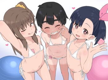 3girls ;q ^_^ arm_behind_head bikini black_hair blush breasts brown_eyes brown_hair bubukka closed_eyes condom condom_wrapper flat_chest hair_ribbon hashtag-only_commentary heart heart-shaped_pupils holding loli long_hair looking_at_viewer micro_bikini mikan_(bubukka) multiple_girls navel nipples one_eye_closed open_mouth original pink_ribbon ribbon short_hair side-tie_bikini_bottom small_breasts smile standing swimsuit symbol-shaped_pupils tachibana_momoka_(bubukka) tomboy tongue tongue_out uri_(bubukka) white_bikini