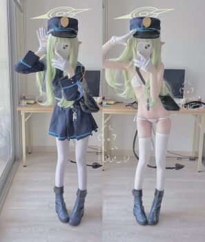 1girl bikini black_boots black_jacket black_skirt blue_archive blue_hat boots cellphone cosplay cosplay_photo covering_face dal_(aazsxx2) emaciated flat_chest gloves green_hair hat highres hikari_(blue_archive) holding holding_phone indoors jacket long_hair monitor multiple_views phone phone_over_face photo_(medium) pleated_skirt pointy_ears real_life salute scar scar_on_thigh skinny skirt smartphone standing swimsuit thighhighs white_bikini white_gloves white_thighhighs