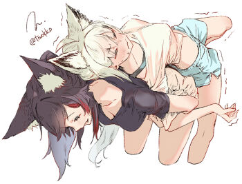 2girls animal_ears back-to-back carrying fox_ears hololive locked_arms multiple_girls ookami_mio piggyback shirakami_fubuki shorts torokko virtual_youtuber wolf_ears