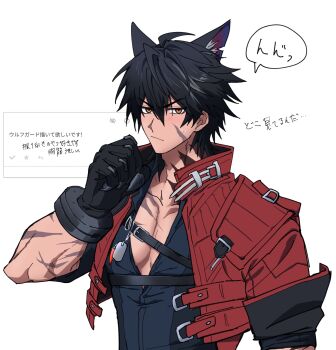 Rule 34 | 1boy, animal ears, arknights, arknights: endfield, belt, black belt, black gloves, black hair, blush, brown eyes, chest belt, commentary request, cropped jacket, facial scar, gloves, hair between eyes, highres, jacket, looking at viewer, male focus, ohuton ikiru, pectoral cleavage, pectorals, red jacket, scar, scar on cheek, scar on chest, scar on face, simple background, solo, sweatdrop, tail, upper body, white background, wolf boy, wolf ears, wulfgard (arknights)