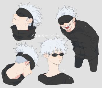 1boy black_jacket black_pants duck_face fangs gojou_satoru hands_in_pockets highres jacket jujutsu_kaisen kineggg long_sleeves male_focus open_mouth pants short_hair smile solo sunglasses teeth tongue undercut white_background white_hair