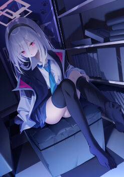 1girl absurdres black_hairband black_jacket black_skirt black_thighhighs blue_archive blue_necktie blush collared_shirt commentary_request ekidona hair_between_eyes hairband halo highres jacket kei_(blue_archive) kei_(new_body)_(blue_archive) long_hair long_hair_between_eyes looking_at_viewer necktie open_mouth pink_halo pleated_skirt rectangular_halo shelf shirt sitting skirt sleeves_past_fingers sleeves_past_wrists solo thighhighs very_long_hair white_hair white_shirt