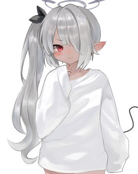 1girl blue_archive commentary dark-skinned_female dark_skin dokomon grey_hair hair_over_one_eye halo highres iori_(blue_archive) korean_commentary long_hair pointy_ears red_eyes side_ponytail simple_background sleeves_past_wrists solo tail white_background