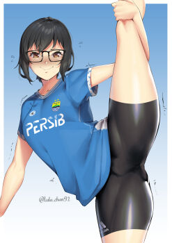 1girl absurdres adidas artist_self-insert bike_shorts black_legwear blue_shirt blush breasts cameltoe embarrassed glasses highres leg_hold leg_up lulu-chan92 lulu_chan92_(character) nervous original persib_bandung shiny_clothes shirt short_hair smile soccer soccer_uniform solo split sportswear standing standing_on_one_leg standing_split sweat sweatdrop trembling twitter_username