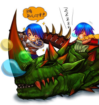 2boys animal animal_around_neck blue_hair chirao_(tirao777) closed_eyes commentary_request crossover detached_sleeves dragon fox green_sleeves grin male_focus monster_hunter_(character) monster_hunter_(series) multiple_boys nose_bubble professor_(ragnarok_online) ragnarok_online red_eyes red_shirt shirt short_hair sleeveless sleeveless_shirt smile translation_request upper_body zzz