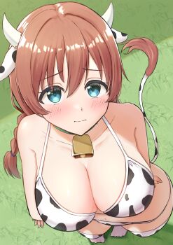 1girl absurdres animal_ears animal_print arms_under_breasts bell bikini blue_eyes blush braid breasts brown_hair cleavage closed_mouth collarbone commentary_request cow_ears cow_girl cow_print cow_print_bikini cow_print_thighhighs cow_tail cowbell emma_verde from_above grass hair_between_eyes highres large_breasts looking_at_viewer love_live! love_live!_nijigasaki_high_school_idol_club low_twin_braids neck_bell panaham print_bikini print_thighhighs swimsuit tail thighhighs toes twin_braids