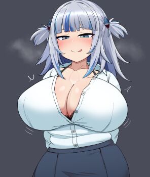 1girl alternate_breast_size_(larger) black_bra blue_eyes blue_hair blunt_bangs blush bra breasts cleavage collarbone gawr_gura grey_background highres hololive hololive_english holomyth huge_breasts lace licking_lips long_hair naughty_face shark_girl shirt shirt_tucked_in skirt solo sweat to_pete tongue tongue_out unbuttoned unbuttoned_shirt underwear virtual_youtuber white_shirt