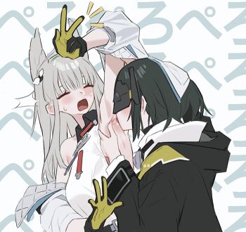 2girls animal_ears arknights arknights:_endfield armpits bare_shoulders bird_ears bird_girl black_hair black_jacket blush bob_cut breasts closed_eyes commentary_request dress endministrator_(arknights) extra_ears female_endministrator_(arknights) flustered gloves grey_hair hair_ornament hand_under_clothes hood hood_down hooded_jacket jacket licking licking_armpit long_hair mask medium_breasts medium_hair multiple_girls open_mouth perlica_(arknights) planbi sleeveless sleeveless_dress text_background tongue tongue_out upper_body v white_background white_dress white_jacket yuri