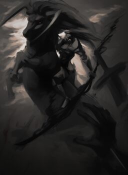 1other absurdres animal armor bad_link high_ponytail highres holding holding_weapon horseback_riding jiejiepen knight long_hair looking_at_viewer other_focus partially_colored ponytail pov pov_hands red_eyes riding shadow_slave shoulder_armor weapon