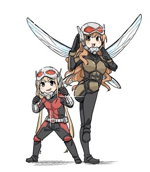 2girls :3 :d ant-man ant-man_(cosplay) ant-man_(movie) ant-man_(series) ant-man_and_the_wasp armor belt black_bodysuit blonde_hair blush_stickers bodysuit bracer brown_hair cosplay fighting_stance futaba_anzu glint hands_up helmet idolmaster idolmaster_cinderella_girls insect_wings long_hair marvel mojimojiable moroboshi_kirari multicolored_bodysuit multiple_girls open_mouth pouch pun simple_background smile standing standing_on_one_leg twintails very_long_hair wasp_(marvel) wasp_(marvel)_(cosplay) wavy_hair white_background wings