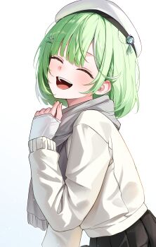 1girl ^_^ absurdres beret bob_cut closed_eyes commentary english_commentary facing_to_the_side facing_viewer green_hair grey_scarf hair_ornament hairclip hand_up happy hat hat_ornament highres layered_sleeves long_sleeves medium_hair multicolored_hair open_mouth parted_bangs scarf simple_background sleeves_past_wrists smile solo stellive streaked_hair sweater tsuyu_(yzxx7825) turning_head upper_body virtual_youtuber white_background white_hat white_sweater yuzuha_riko