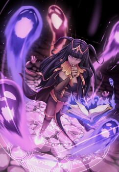 1girl black_bridal_gauntlets black_hair blunt_bangs bodystocking book bracelet breasts bridal_gauntlets cape circlet cleavage covered_navel fire_emblem fire_emblem_awakening ghost glowing glowing_eye highres jewelry large_breasts long_hair looking_at_viewer magic navel nintendo purple_eyes see-through_bridal_gauntlets skin_tight solo tharja_(fire_emblem) tiara ttikhii two-tone_cape two_side_up