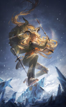 Rule 34 | 1girl, arknights, armor, black boots, blonde hair, blood, blood in hair, blood on clothes, bloody weapon, boots, brown gloves, brown horns, chain, commentary, curled horns, degenbrecher (arknights), dual wielding, english commentary, full body, gloves, green jacket, green pants, hair between eyes, helen zzhao, high heel boots, high heels, highres, holding, holding sword, holding weapon, horns, ice crystal, jacket, knee pads, lens flare, long hair, long sleeves, looking at viewer, orange shirt, outdoors, pants, parted lips, shirt, shoe soles, shoulder guard, single knee pad, snow, snowing, solo, sword, twitter username, watermark, weapon, wind, yellow eyes