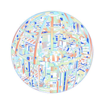 1girl absurdly_detailed_composition blue_hair bucket chair circle clothes_hanger computer green_shirt guitar hebitsukai high_heels highres instrument ladder lamp laptop limited_palette loaded_interior long_sleeves original overflowing overflowing_bath plant plunger potted_plant round_image shelf shirt shoes short_hair solo stairs stuffed_animal stuffed_rabbit stuffed_toy table television toilet toilet_paper triceratops umbrella under_covers