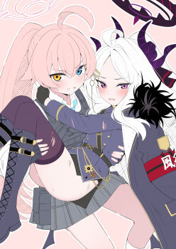 2girls absurdres ahoge black_boots black_coat black_gloves black_skirt blue_archive blue_eyes blue_necktie boots carrying coat collared_shirt demon_girl demon_horns fingerless_gloves flat_color fur-trimmed_coat fur_trim gloves grey_skirt hair_ornament hairclip halo heterochromia highres hina_(blue_archive) horns hoshino_(blue_archive) jacket long_hair looking_at_viewer mistel_(sukebemistel) multiple_girls necktie open_mouth outline parallel_hairclips parted_lips pencil_skirt pink_hair pink_halo plaid_clothes plaid_skirt ponytail princess_carry purple_eyes purple_halo purple_horns purple_jacket purple_thighhighs revision shirt skirt thighhighs v-shaped_eyebrows white_hair white_outline white_shirt yellow_eyes yuri